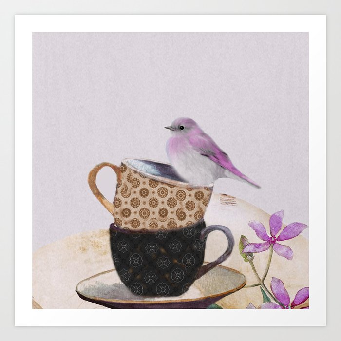 Bird in tea cup Art Print