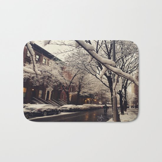 Photo of the beautiful Brooklyn Heights covered in icy snow Bath Mat