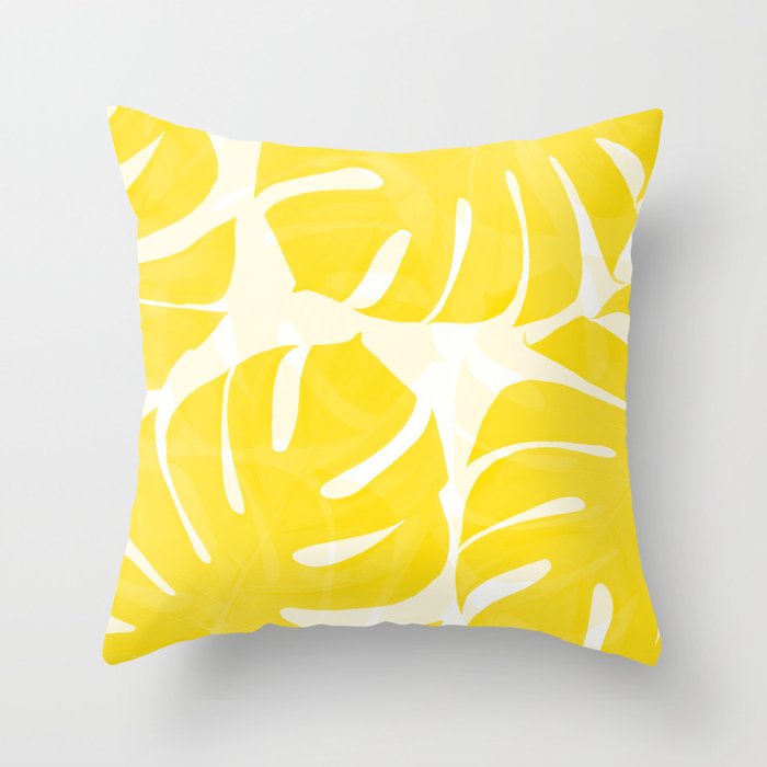 Mellow Yellow Monstera Leaves White Background #decor #society6 #buyart Throw Pillow
