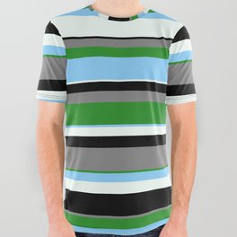 [ Thumbnail: Gray, Forest Green, Light Sky Blue, Mint Cream & Black Colored Lines/Stripes Pattern All Over Graphic Tee ]