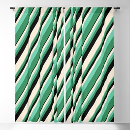 [ Thumbnail: Beige, Aquamarine, Sea Green, and Black Colored Lined/Striped Pattern Blackout Curtain ]