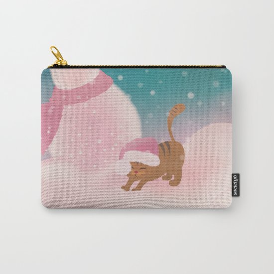 Snow Tabby Cat & Her Snowman, Indigo Snowy Background Carry-All Pouch