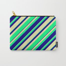 [ Thumbnail: Pale Goldenrod, Green, and Blue Colored Stripes/Lines Pattern Carry-All Pouch ]
