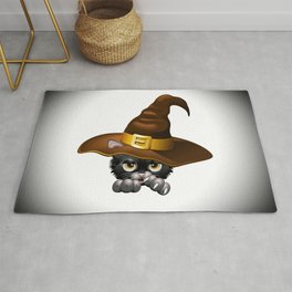 Black Kitten Cartoon With Witch Hat Rug