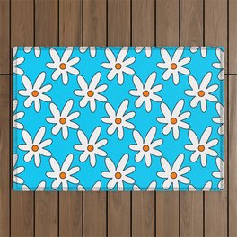 1970 flowers pattern. White daisies on a blue background. 1970 daisy. 1970 vibes Outdoor Rug