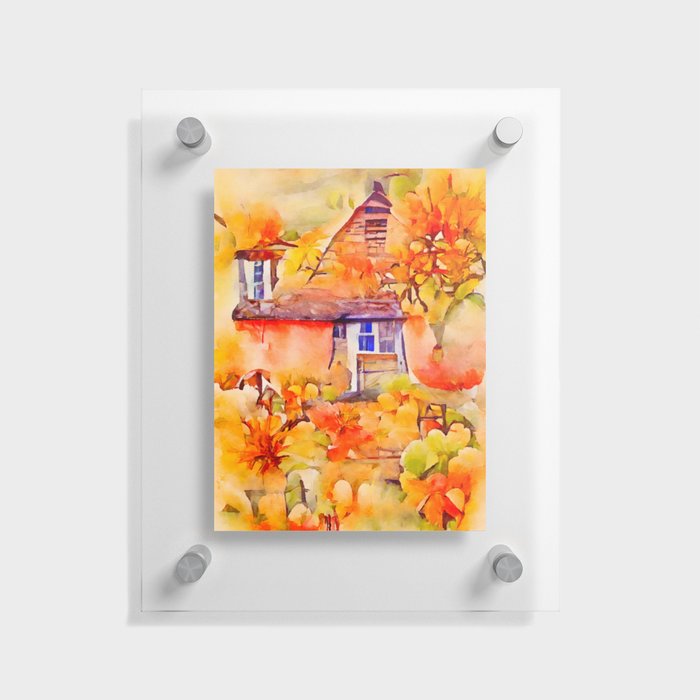 AUTUMN COTTAGE Whimsical Rustic Fall Season Pumpkin Country House Watercolor Painting Floating Acrylic Print
