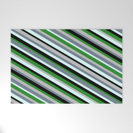 [ Thumbnail: Eye-catching Forest Green, Grey, Slate Gray, Light Cyan & Black Colored Lined/Striped Pattern Welcome Mat ]