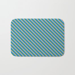 [ Thumbnail: Tan, Blue, and Sea Green Colored Pattern of Stripes Bath Mat ]