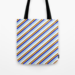 [ Thumbnail: Eye-catching Yellow, Blue, Light Blue, White & Maroon Colored Lines Pattern Tote Bag ]