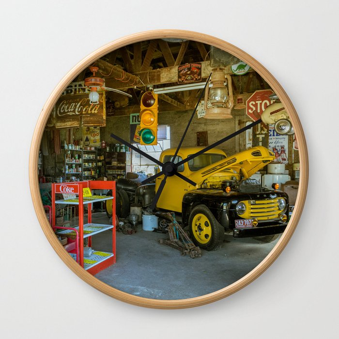 Tow Truck Garage at Restored Service Station on Route 66 in Missouri Wall Clock