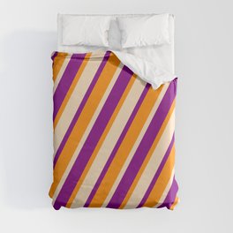[ Thumbnail: Bisque, Purple, and Dark Orange Colored Lined/Striped Pattern Duvet Cover ]
