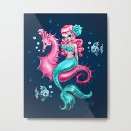 Mysterious Mermaid on Deep Blue Metal Print | Painting, Mermaids, Pinupart, Seahorse, Acrylic, Vintagemermaid, Sea, Ocean, Mermaid, Vintagestyle 