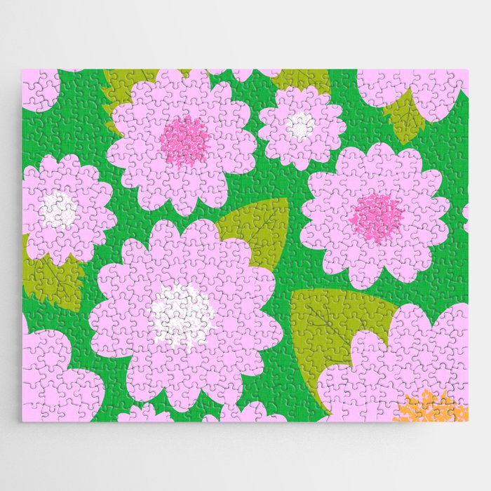 Cheerful Pink Summer Flowers On Kelly Green Jigsaw Puzzle