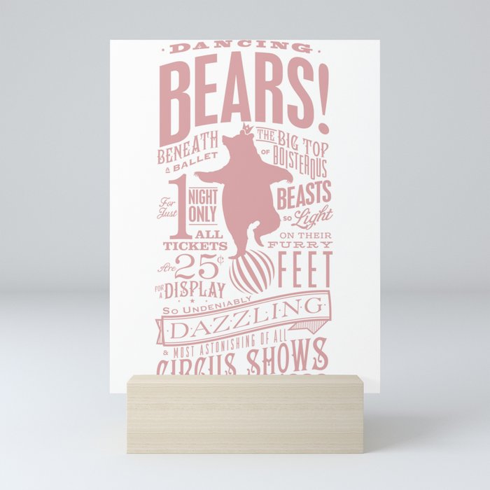 dancing bear kids nursery bear circus art typography illustration pink Mini Art Print