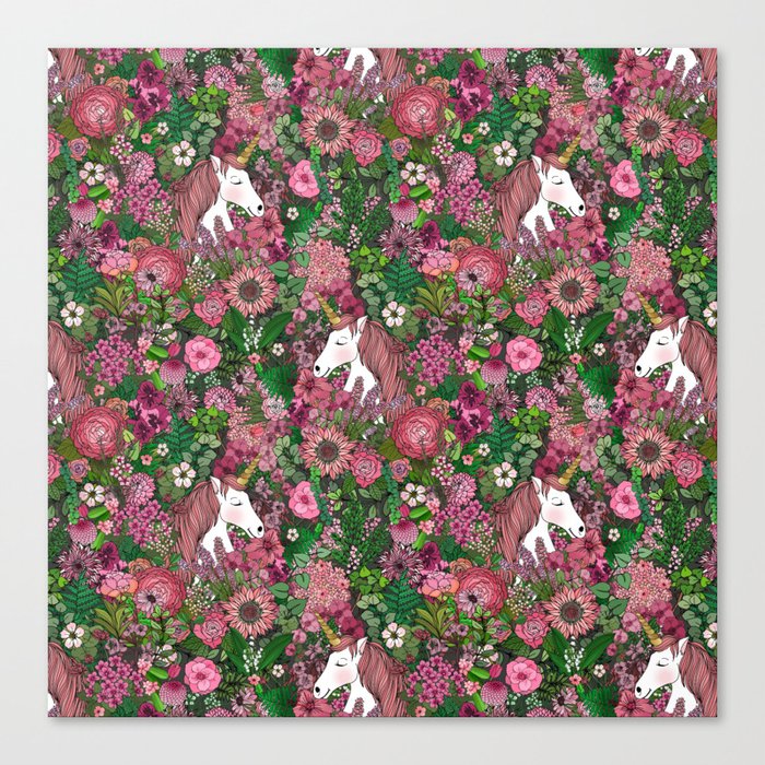 Unicorns in a Rose Colored Garden  Canvas Print