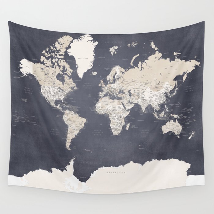Glyn world map distressed and detailed Wall Tapestry
