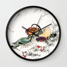 Couple Of Mandarin Ducks At Lakeshore - Vintage Japanese Woodblock Print Art  Wall Clock
