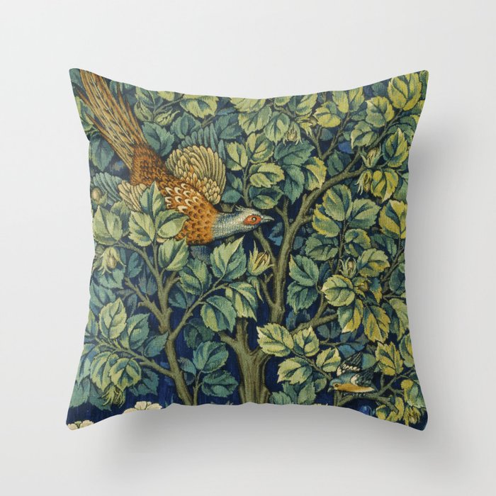 Vintage William Morris pattern pheasant and squirrel Throw Pillow