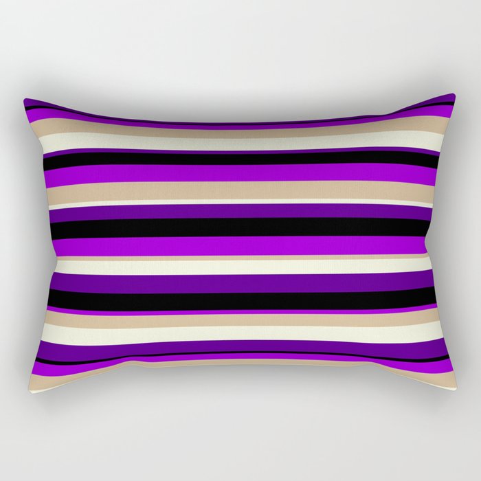 Colorful Black, Dark Violet, Tan, Beige, and Indigo Colored Lined/Striped Pattern Rectangular Pillow