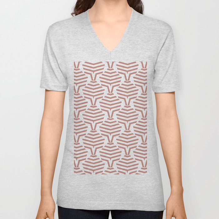 Pink and White Geometric Stripe Shape Pattern Pairs DE 2022 Trending Color Rose de Mai DET432 V Neck T Shirt