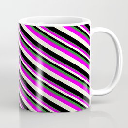 [ Thumbnail: Forest Green, Fuchsia, Beige, and Black Colored Lined/Striped Pattern Coffee Mug ]