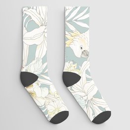 Seamless tropical pattern with flowers Orchid, Fleur de lis, leaves and Parrot Cockatoo. Vintage illustration in vintage style.  Socks