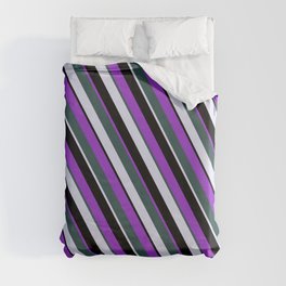 [ Thumbnail: Dark Orchid, Dark Slate Gray, Lavender, and Black Colored Striped/Lined Pattern Duvet Cover ]