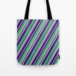 [ Thumbnail: Indigo, Sea Green & Dark Gray Colored Lined/Striped Pattern Tote Bag ]