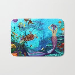A Fish of a Different Color - Mermaid and seaturtle Bath Mat | Fish, Reef, Sea, Coral, Octopus, Ocean, Painting, Mermaid, Turtle, Seaturtle 