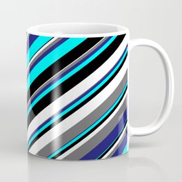 [ Thumbnail: Aqua, Black, White, Dim Gray & Midnight Blue Colored Stripes/Lines Pattern Coffee Mug ]