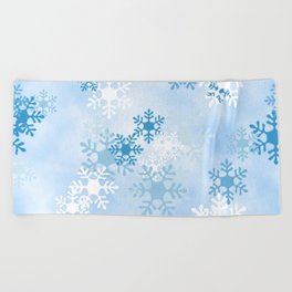 Blue White Winter Snowflakes Design Beach Towel