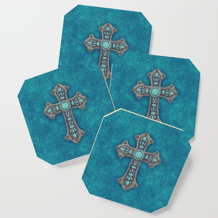 Turquoise Rustic Cross Coaster