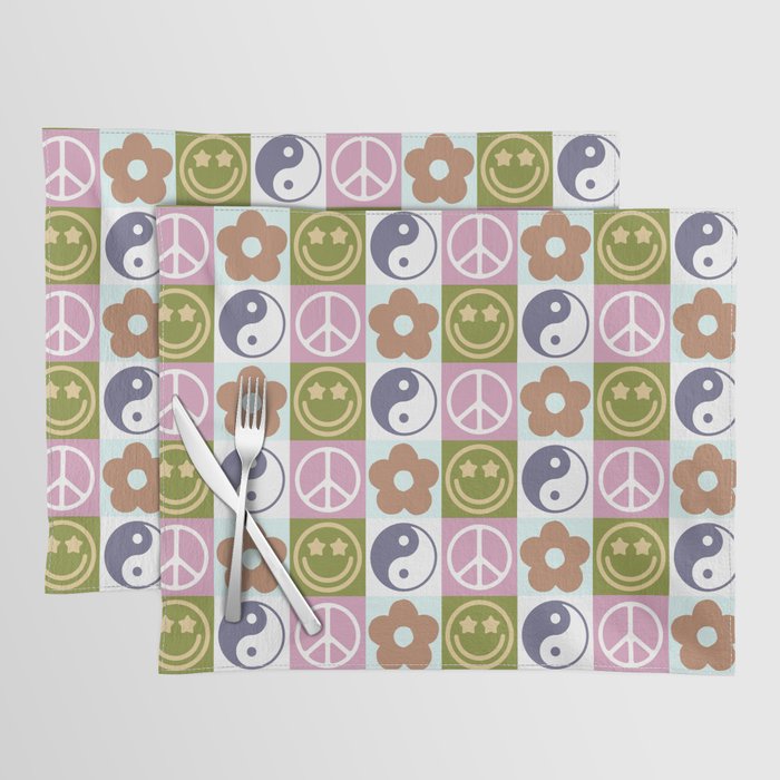 Cute Checked Symbols Pattern (SMILEY FACE \ YIN YANG \ PEACE SYMBOL \ FLOWER) Placemat