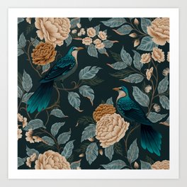 Spring Song - Dark Teal Birds and Floral Print Art Print