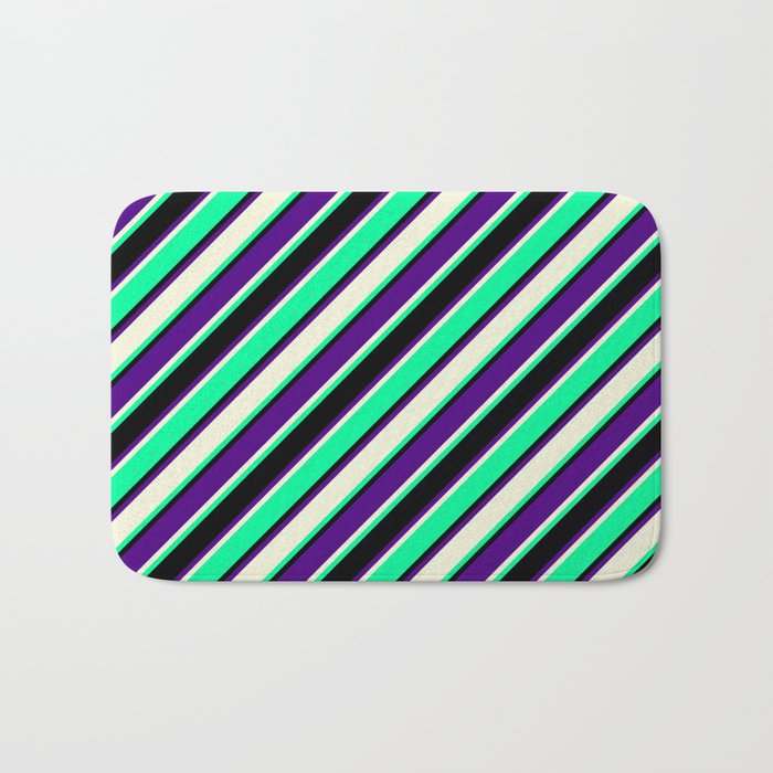 Green, Black, Indigo & Beige Colored Pattern of Stripes Bath Mat