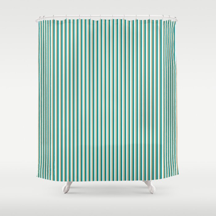 Tan, Dark Cyan, and Light Cyan Colored Striped Pattern Shower Curtain