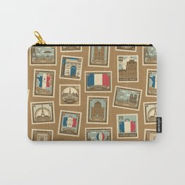  seamless pattern with postage stamps on theme of France and Paris in retro style. French architectural landmarks, map and flag. Can be used as wallpaper, wrapping paper, fabric Carry-All Pouch