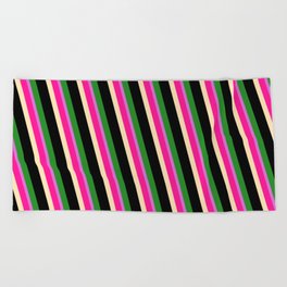 [ Thumbnail: Vibrant Deep Pink, Beige, Black, Forest Green, and Orchid Colored Lines Pattern Beach Towel ]