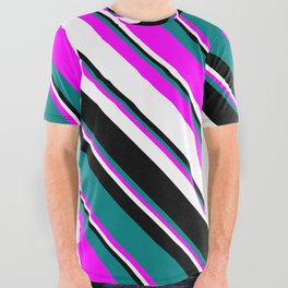 [ Thumbnail: Teal, Fuchsia, White, and Black Colored Lined/Striped Pattern All Over Graphic Tee ]