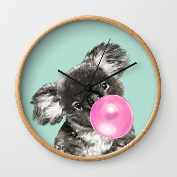 Playful Koala Bear with Bubble Gum in Green Wall Clock