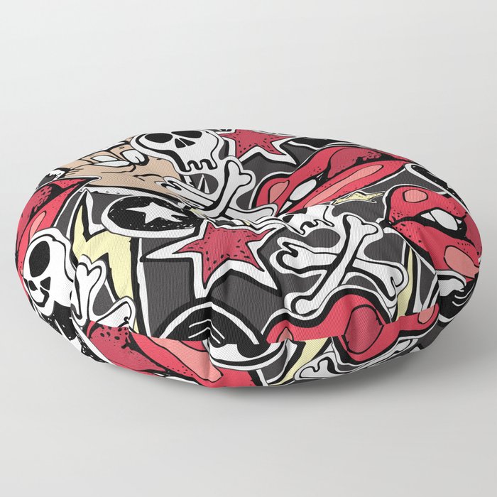 Seamles pattern. Crazy punk rock abstract background. Skulls, guitars, rock symbols. Floor Pillow
