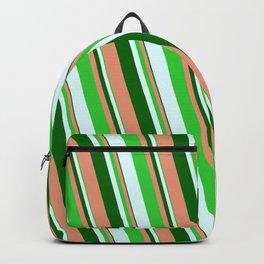 [ Thumbnail: Dark Green, Dark Salmon, Lime Green, and Light Cyan Colored Striped/Lined Pattern Backpack ]