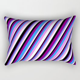 [ Thumbnail: Purple, Blue, Violet, White & Black Colored Stripes Pattern Rectangular Pillow ]