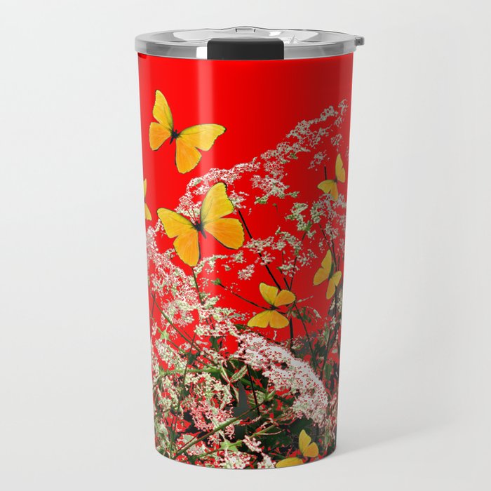 RED GARDEN ART OF YELLOW BUTTERFLIES & LACEY FLOWERS Travel Mug