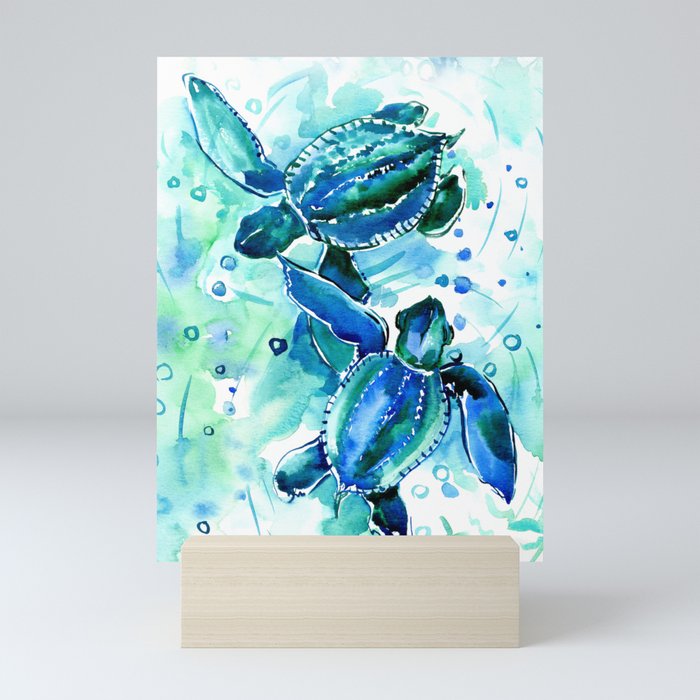 Turquoise Blue Sea Turtles in Ocean Mini Art Print