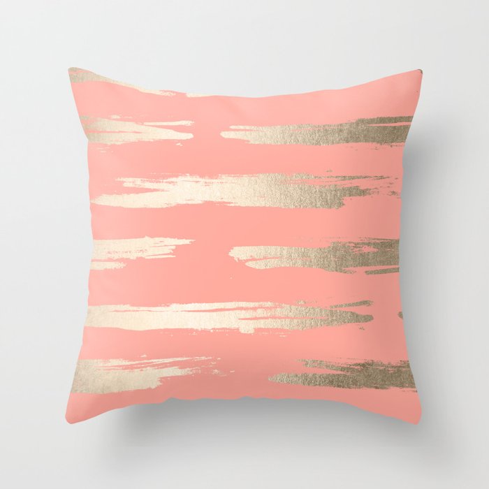 Simply Brushed Stripe in White Gold Sands on Salmon Pink Throw Pillow