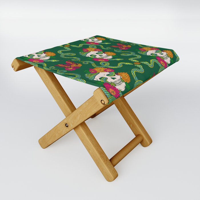 Floral Skull Snake - Deep Emerald Folding Stool