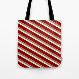[ Thumbnail: Dark Salmon, Grey, Beige & Dark Red Colored Stripes/Lines Pattern Tote Bag ]