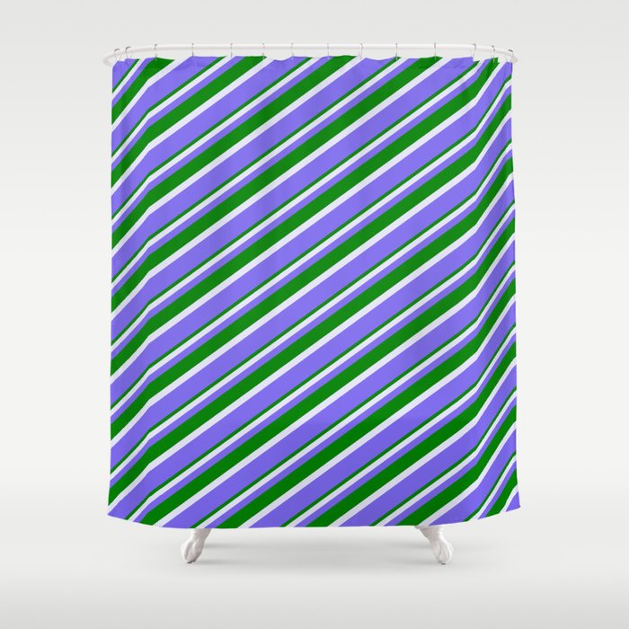 Lavender, Medium Slate Blue & Green Colored Lines Pattern Shower Curtain