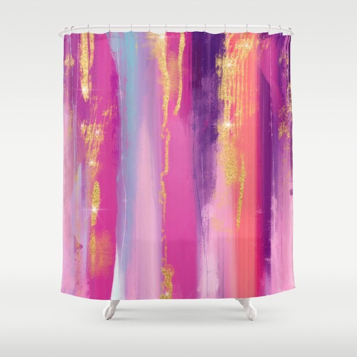 Pink Purple Gold Paint Brush Strokes Shower Curtain By Trmdesign